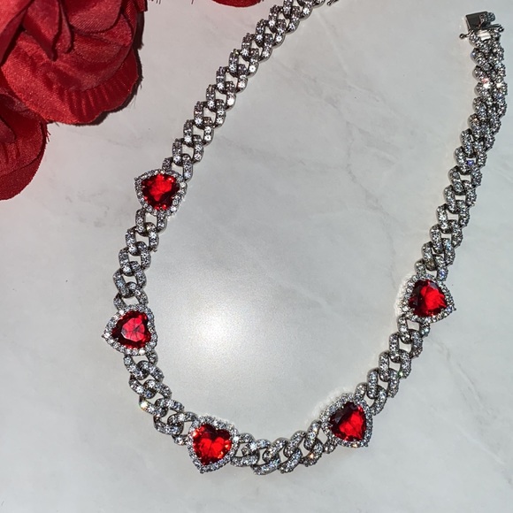 Red Heart Diamond Cuban Link Chain - Picture 4 of 4